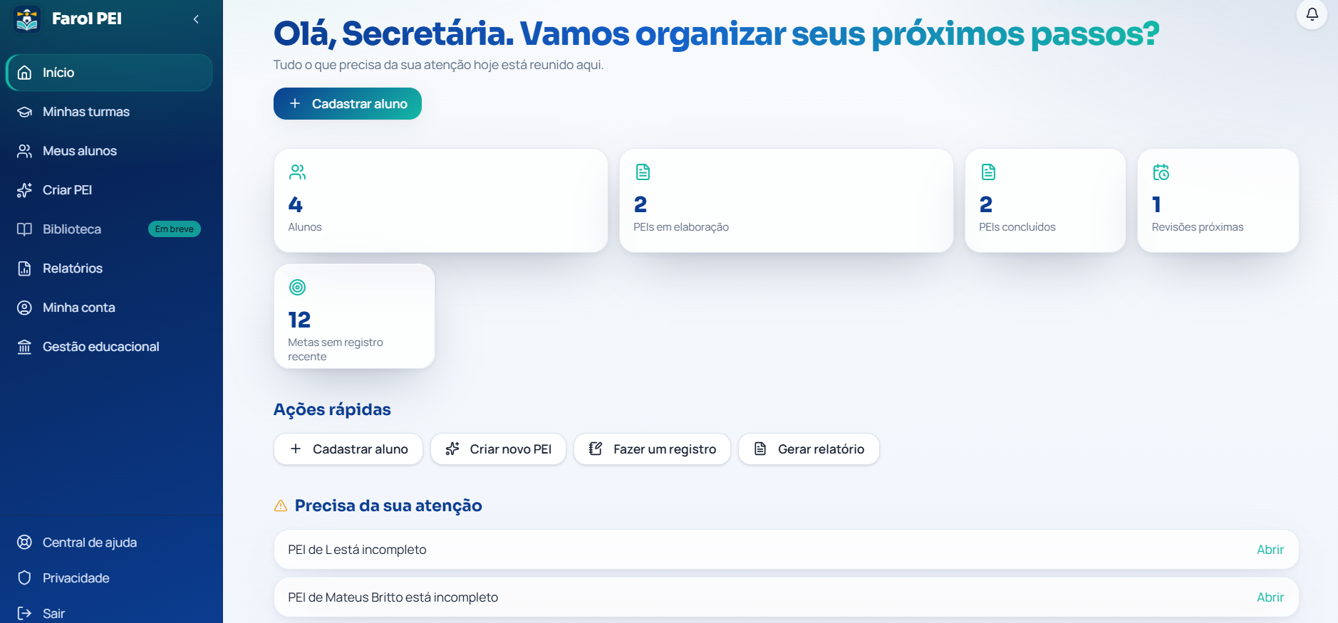 Tela Início do Farol PEI com alunos, PEIs e ações rápidas